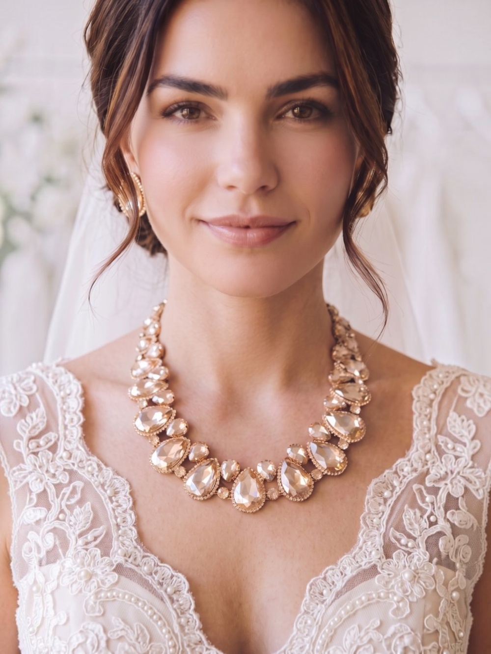 Bella-Tiara Dominique Crystal Champagne Statement Necklace and Earring Set New